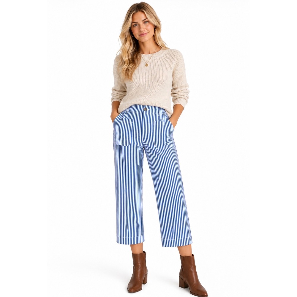 Maeve Anthropologie The Colette Wide Leg Crop Pants Blue White Striped Size 31